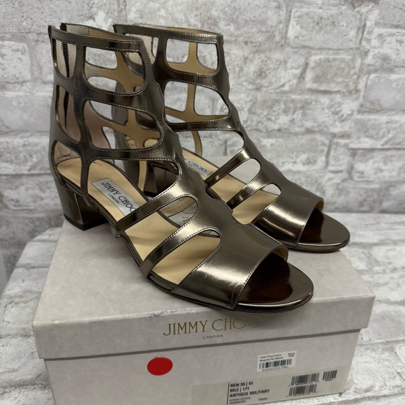 JIMMY CHOO Women's Ren Sandal Size 41 11 Mirror Caged‎ Sandal Leather Metallic